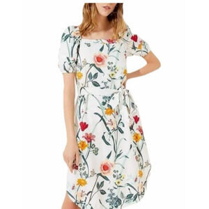 Loft Dress Womens 4 Linen Blend Floral Print Waist Tie Pockets Puff Sleeves Work
